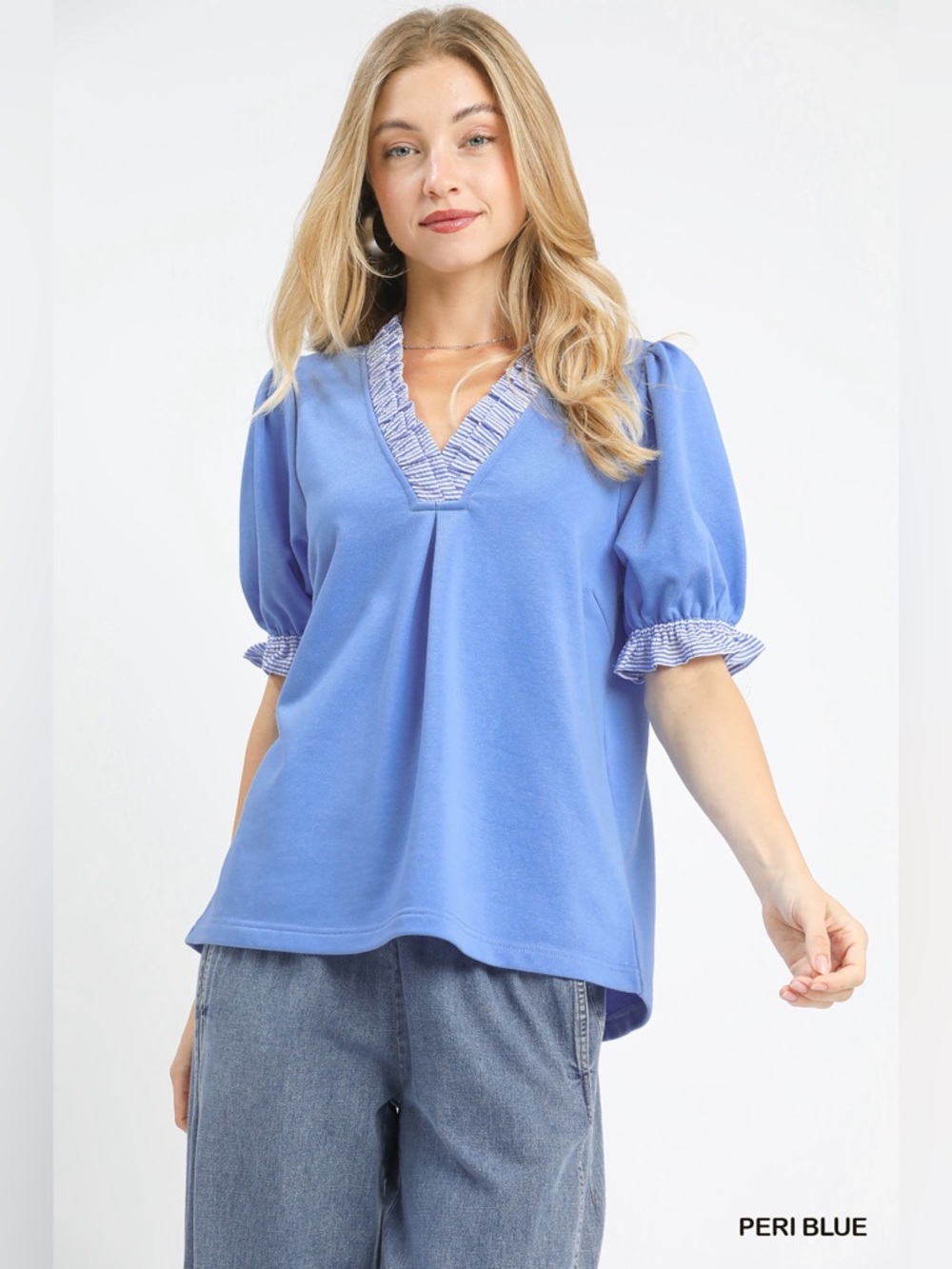 Umgee French Terry Ruffle Trim Puff Sleeve Top Peri Blue S M L🛍️